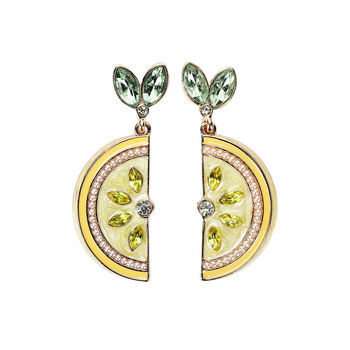 Gold-tone lemon slice earrings with green leaf studs and crystal-detailed oval drop