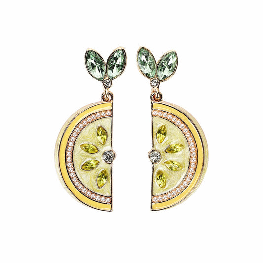 Gold-tone lemon slice earrings with green leaf studs and crystal-detailed oval drop