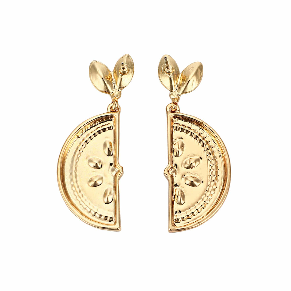 Gold-tone lemon slice earrings with leaf studs and textured half-moon pendants