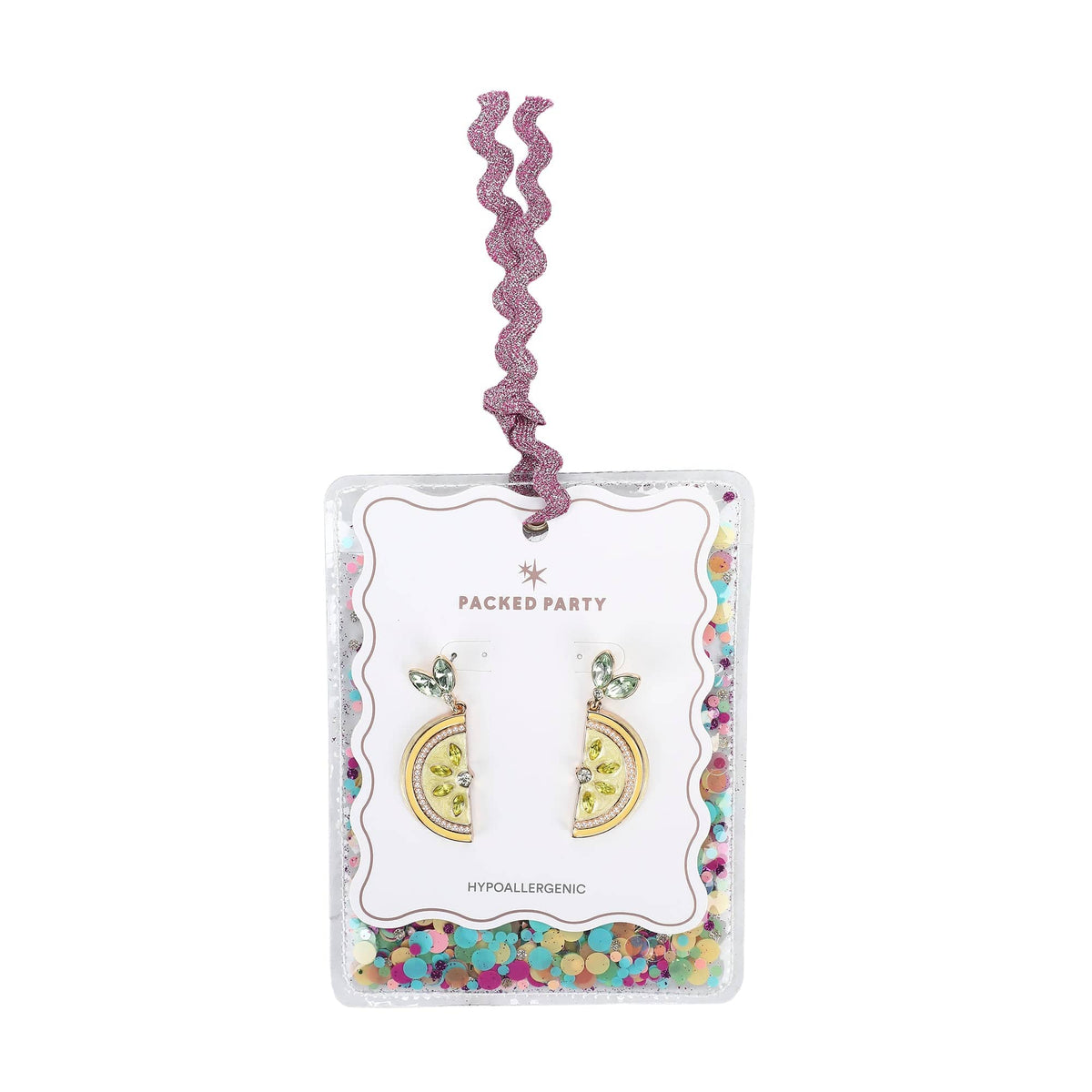 Hypoallergenic lemon slice earrings on hanging backing card with purple zigzag ribbon
