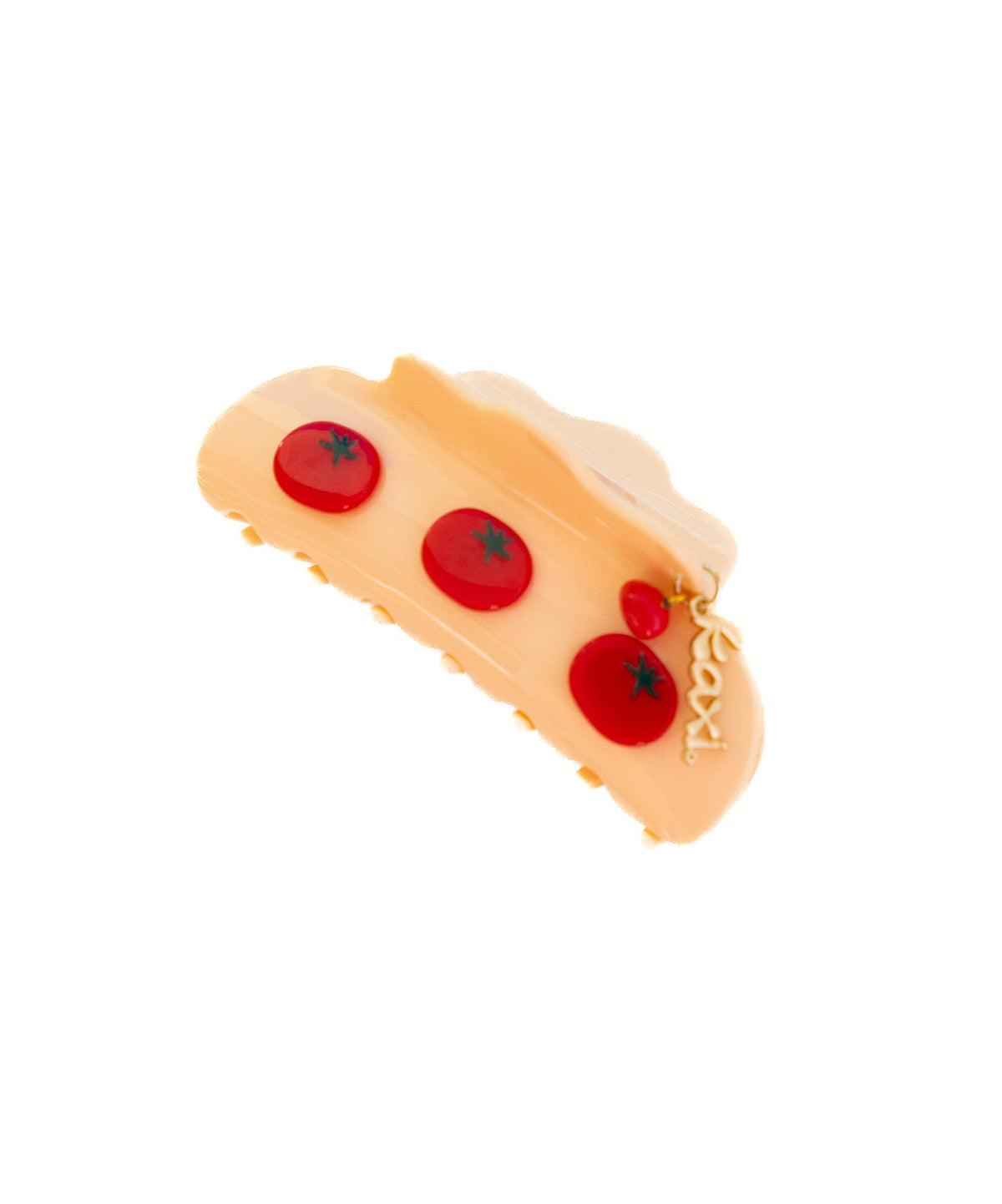 Cream hair claw with red tomato disc charms and small crisscross side detail