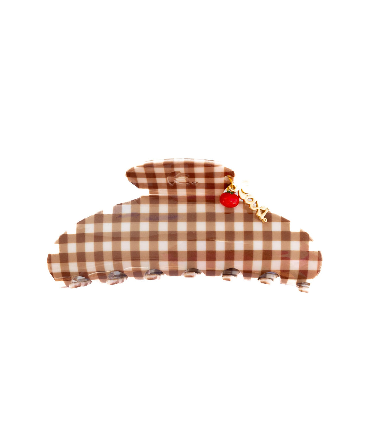 Brown gingham hair claw with red tomato charm and gold-tone detail