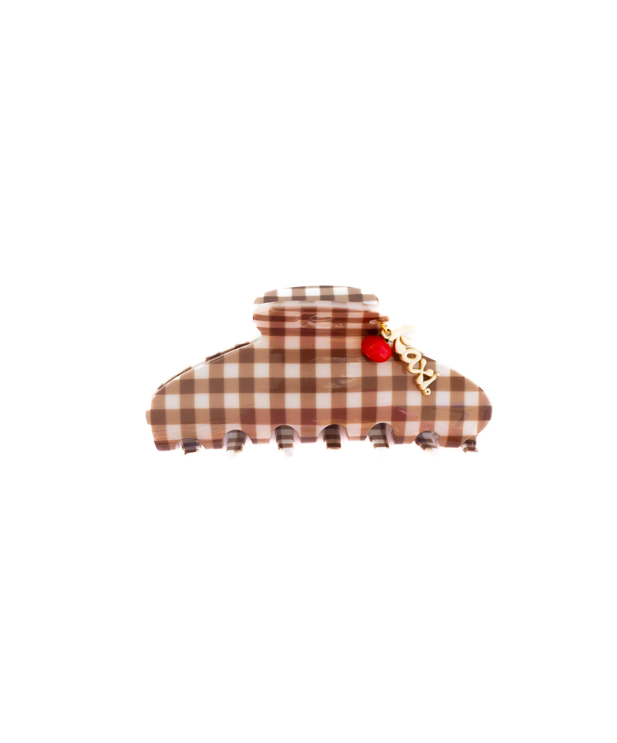 Brown gingham hair claw with red tomato charm and gold-tone hardware