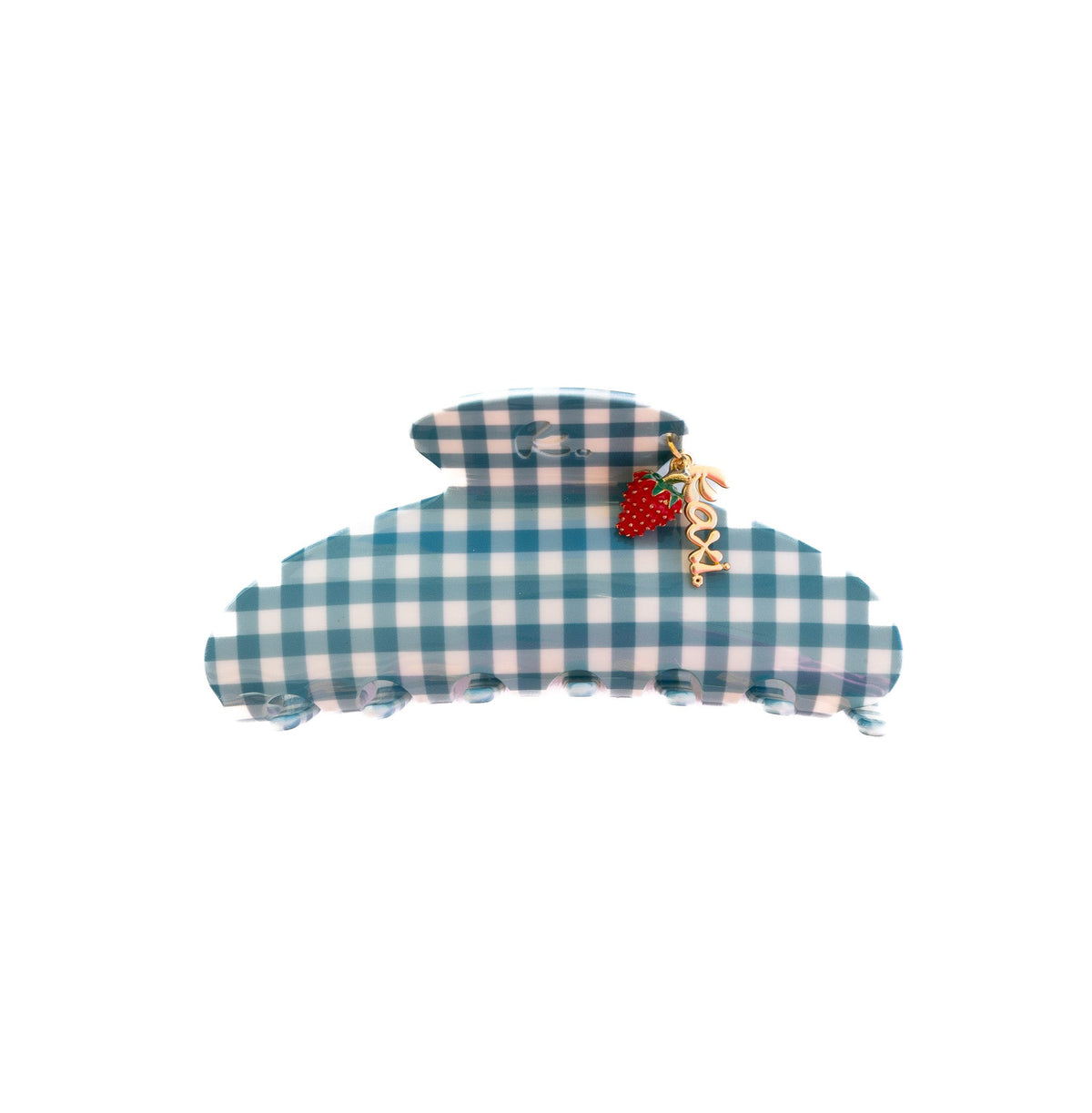 Blue gingham fabric claw clip with red strawberry charm detail.
