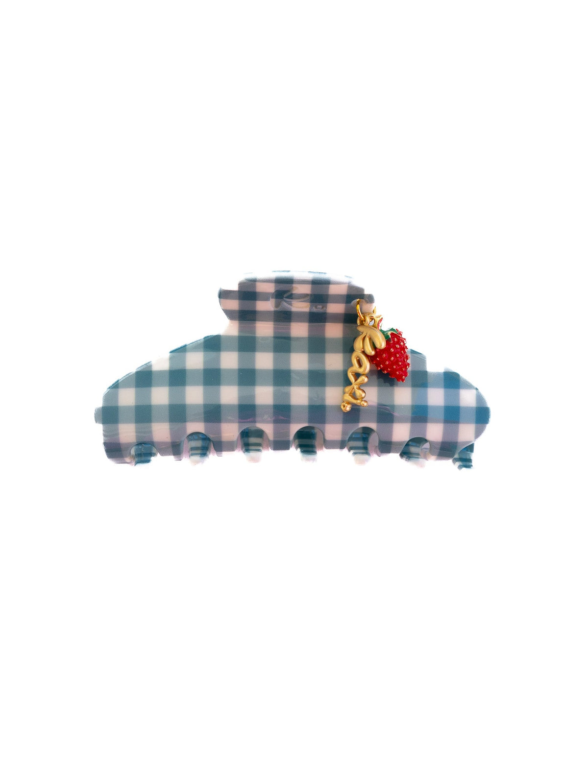 Blue gingham fabric claw clip with red strawberry charm and gold chain.