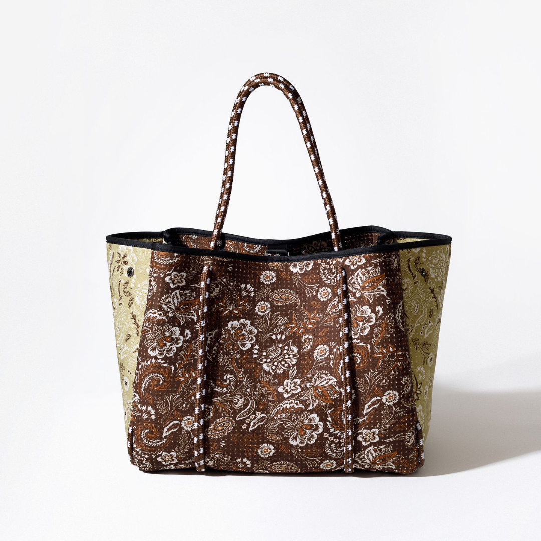 Cocoa paisley print tote bag with black top trim and dual handles