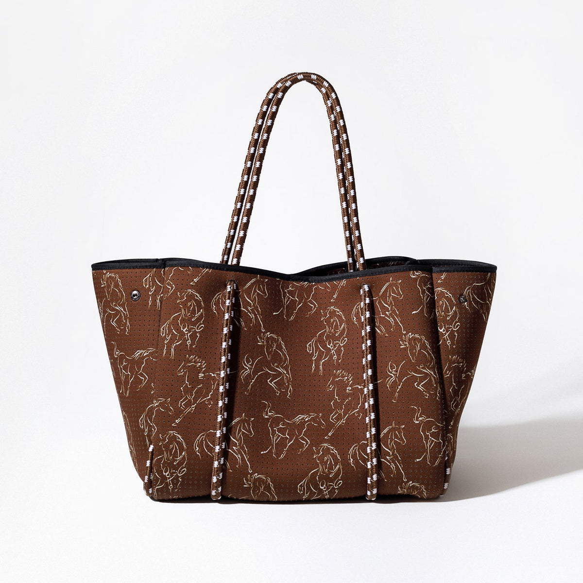 Espresso brown horse-print everyday tote bag with striped handles and front zip pocket