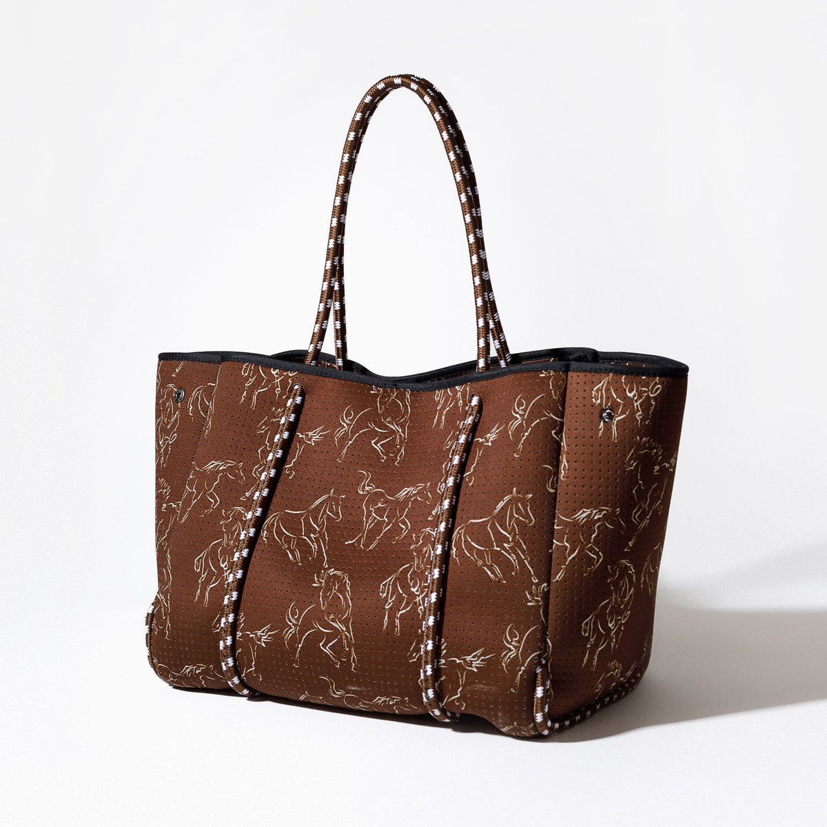 Brown horse-print tote bag with black top trim and striped rope handles