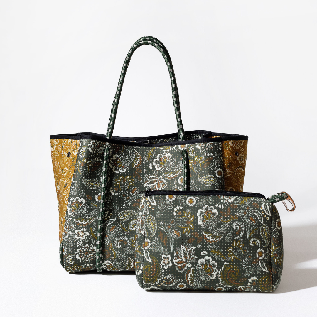 Forest-green paisley tote with matching zip pouch and keyring, black trim, long handles