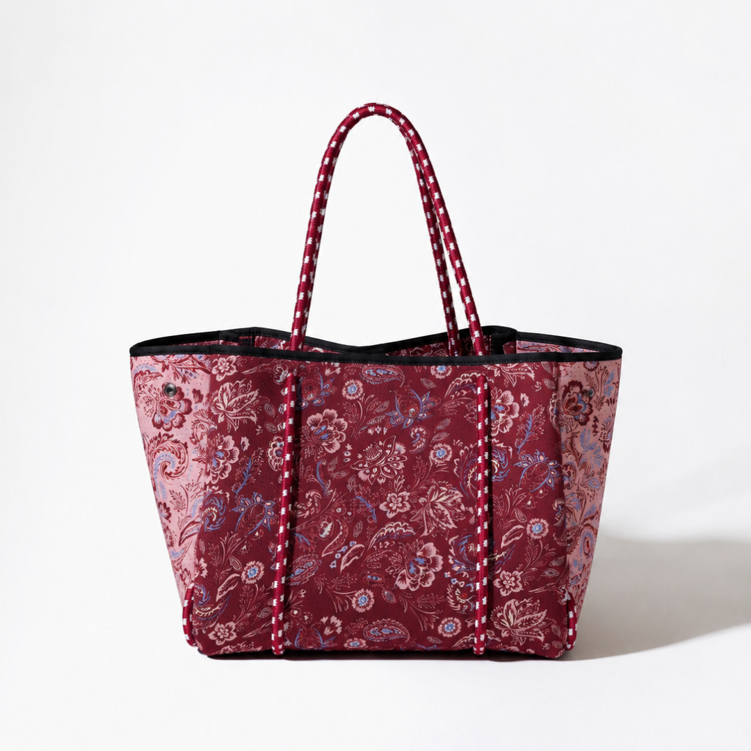 Merlot paisley tote bag with black trim and twin top handles