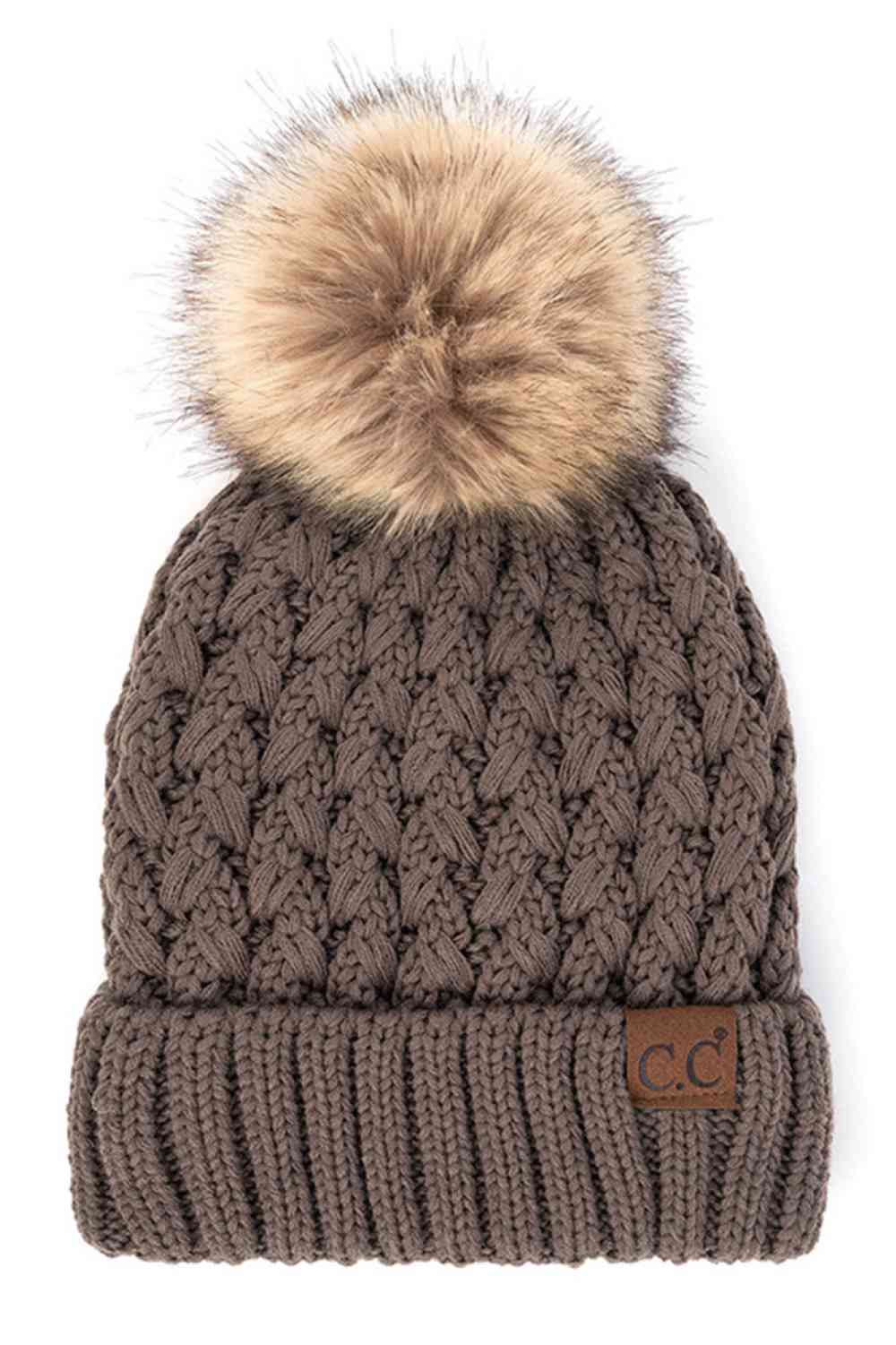 Knit beanie with pom-pom, taupe cable knit, ribbed cuff and C.C. label patch