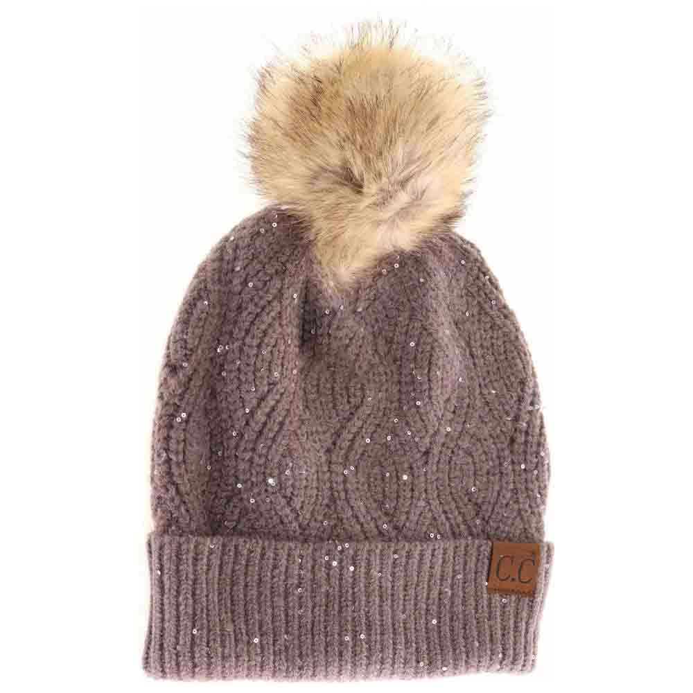 Sequin brioche cable knit beanie, taupe with faux fur pom and ribbed cuff patch U.C