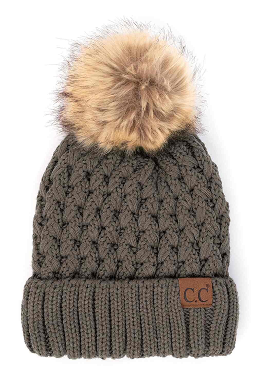 Knit beanie with pom-pom, dark gray cable knit, ribbed cuff and C.C. label patch