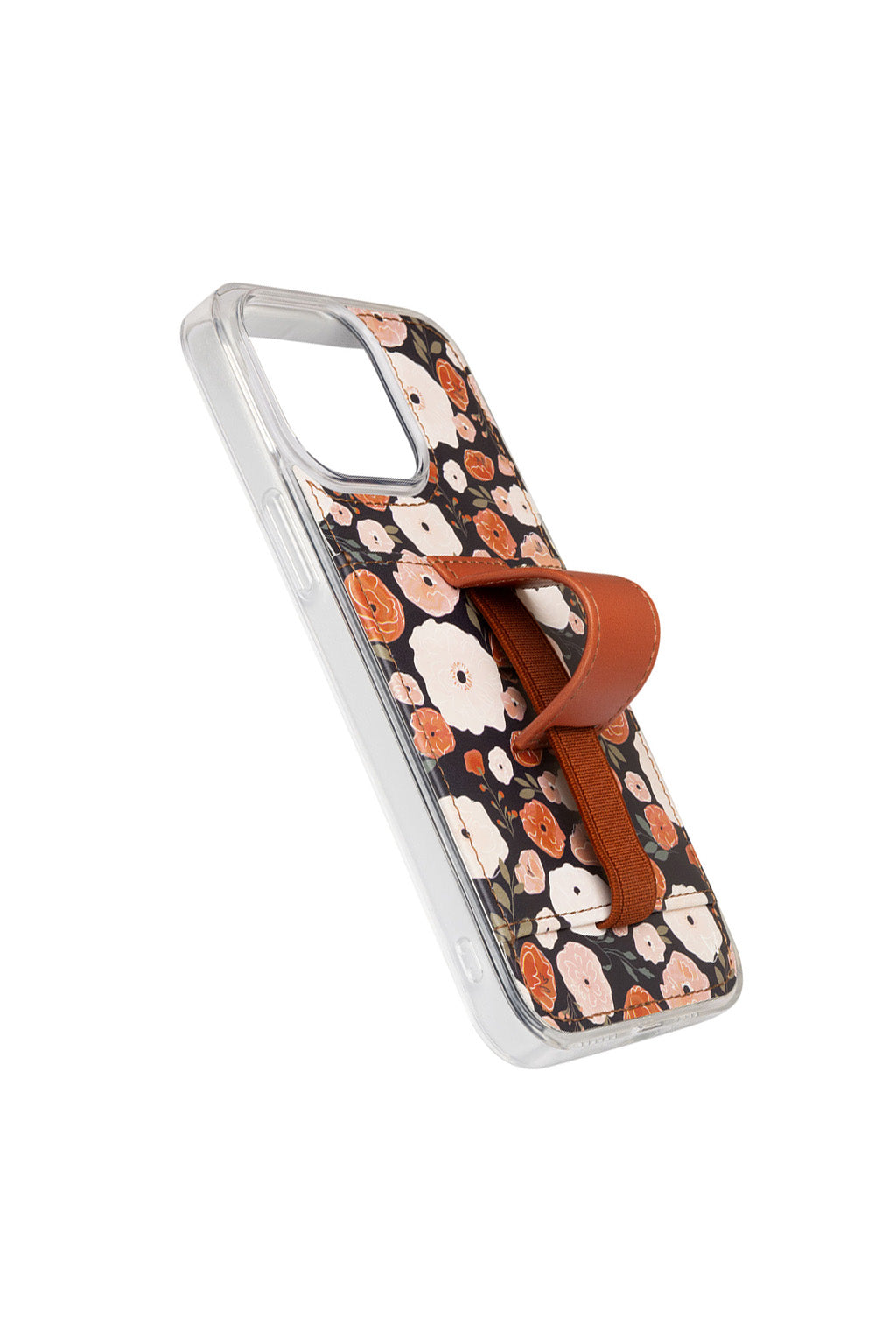 Clear-edge phone case with floral design and brown strap detail