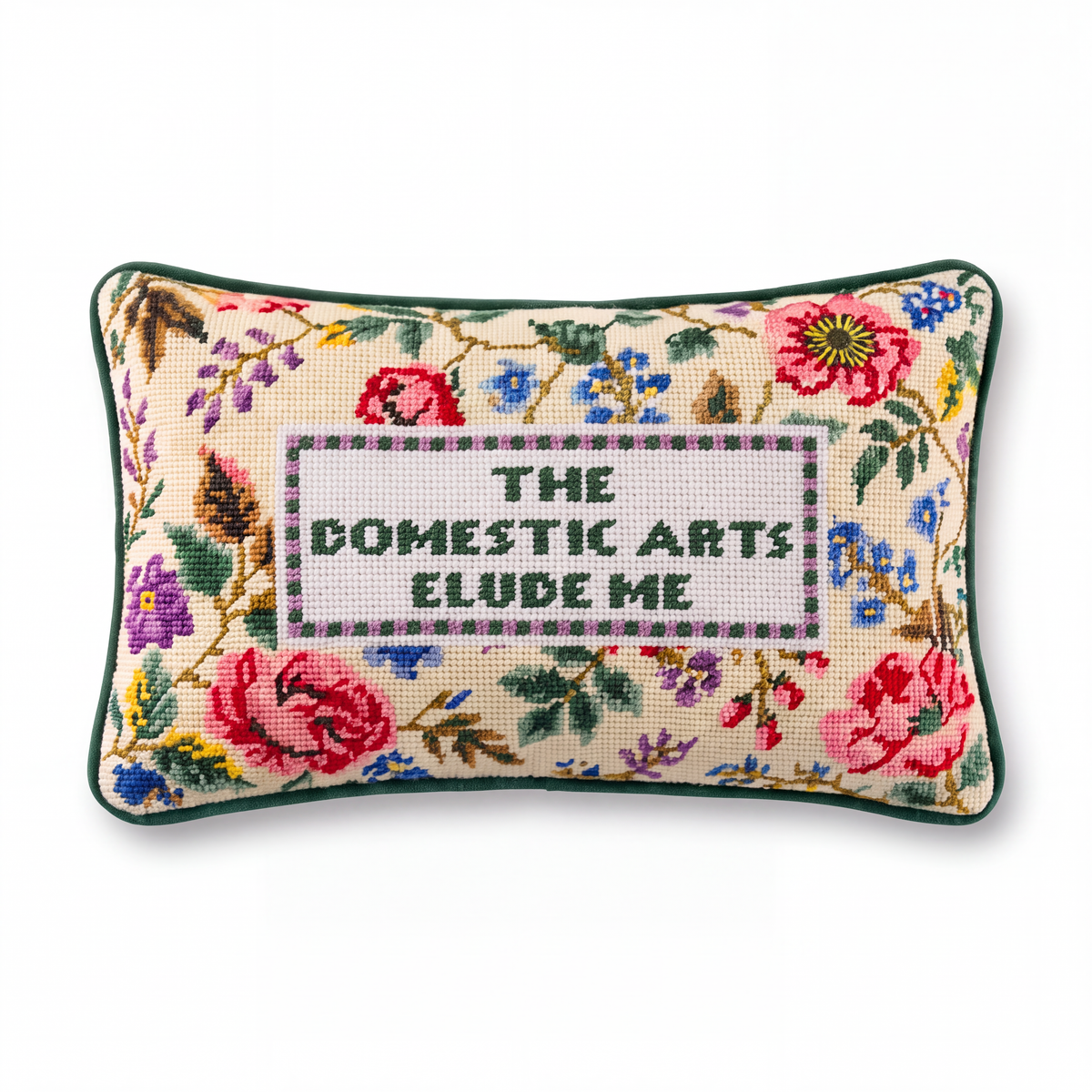 Needlepoint decorative pillow with embroidered floral border and central text panel
