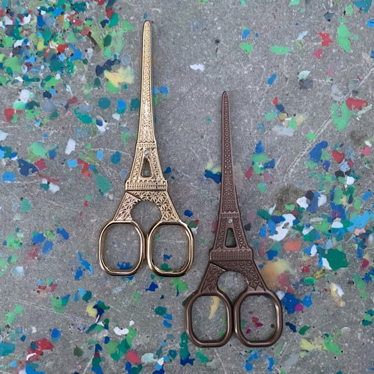 Eiffel Tower mini scissors with ornate handle, antique bronze metal, two finger loops.
