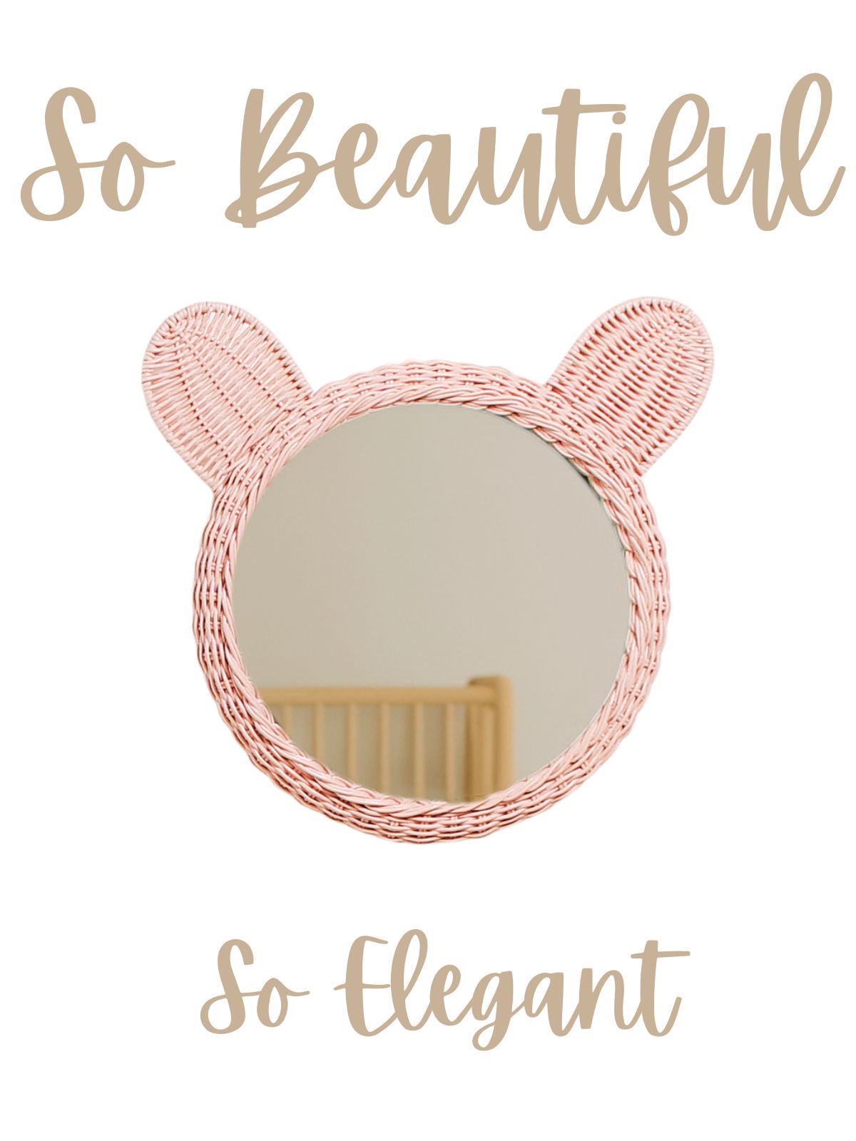 Pink woven rattan mirror with rounded bear ears and reflective glass