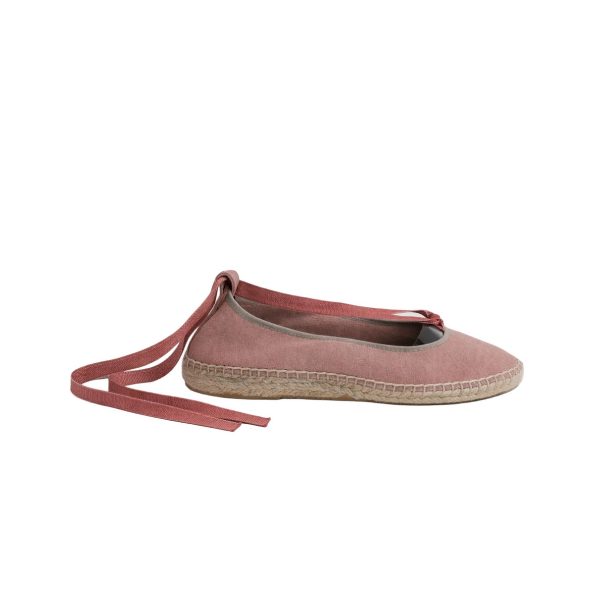 Pink suede ballet flats with ankle ties and braided jute soles