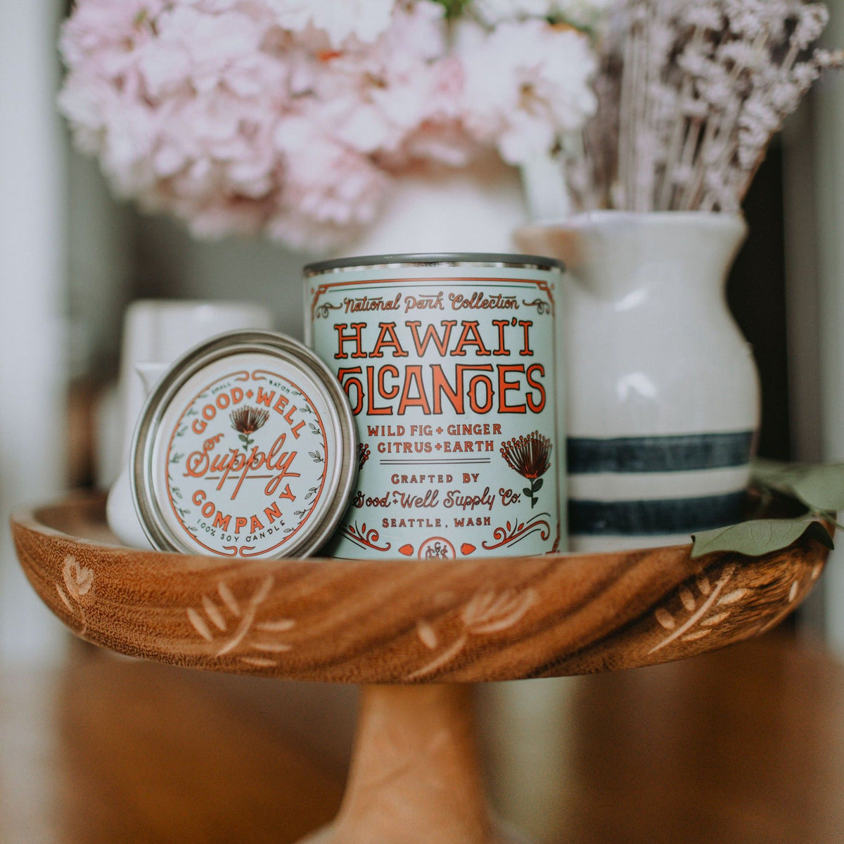 Hawai'i Volcanoes National Park candle tin with its lid beside it