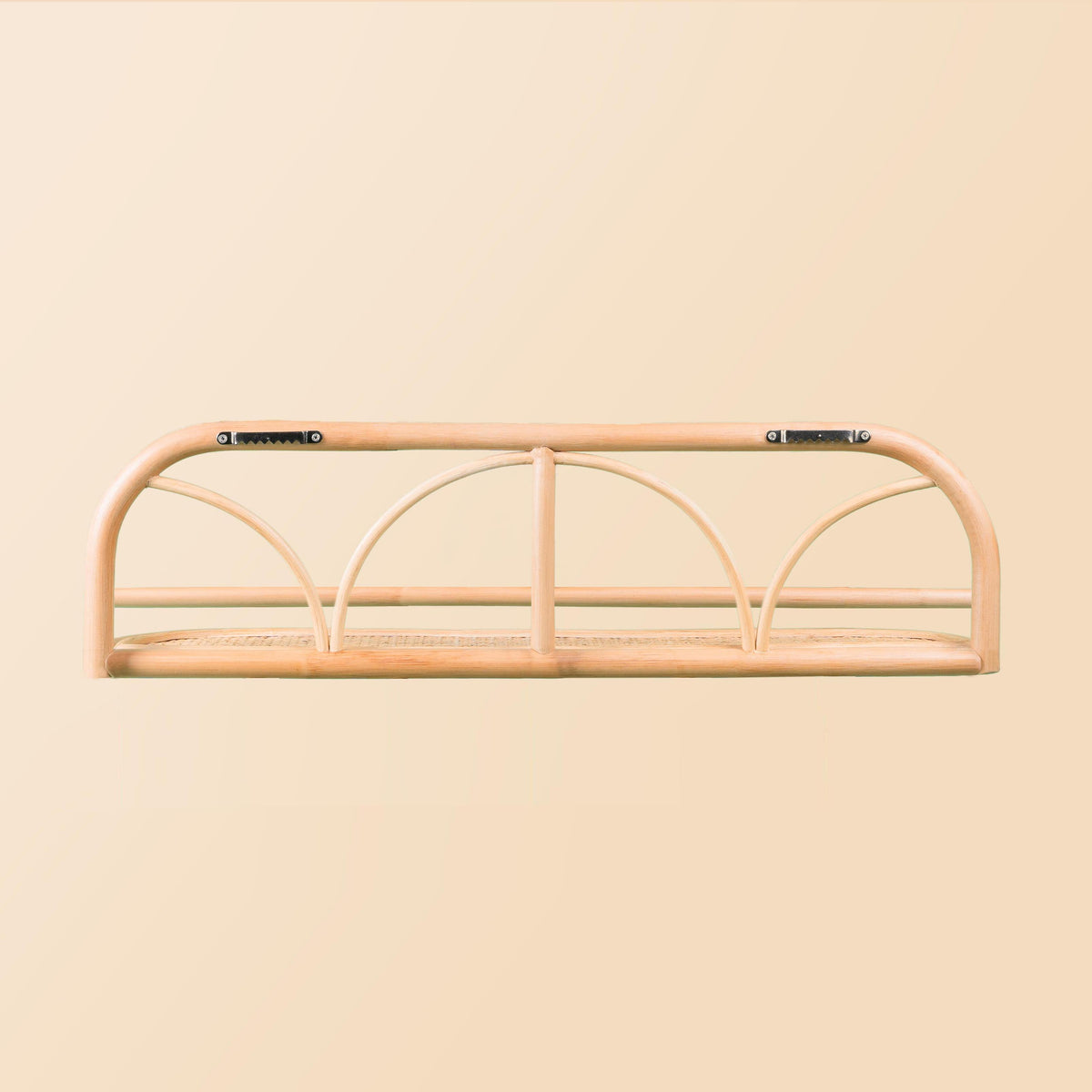 Back of the rattan wall shelf showing two metal wall mounts