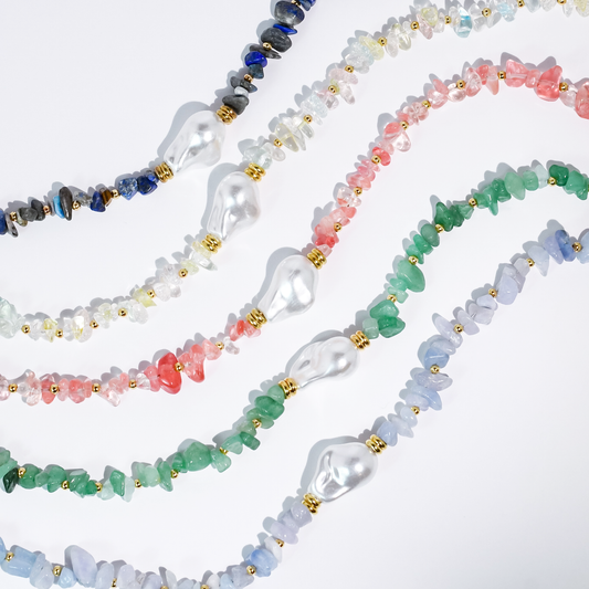 Multicolor gemstone chip necklace with freshwater pearl and gold spacer beads