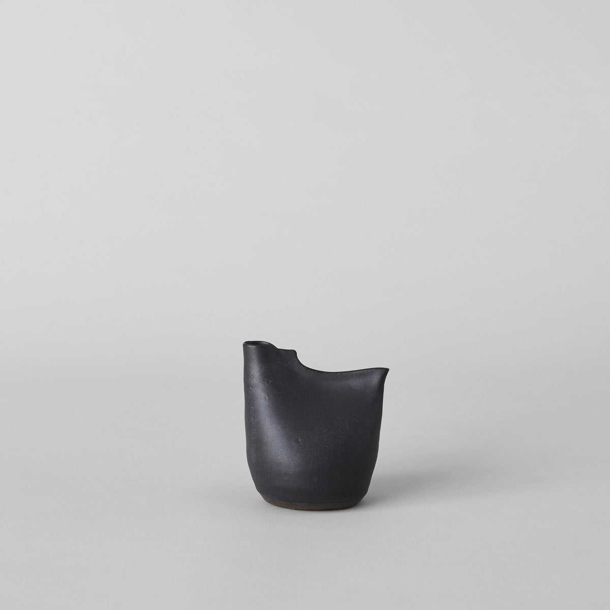 Matte black bird vase with wide curved body and open top.