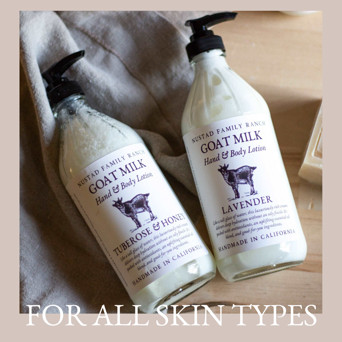 Pair of goat milk hand & body lotion bottles: lavender and tuberose & honey