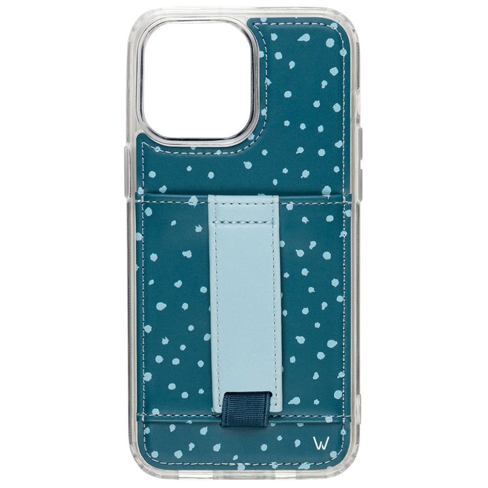 Teal phone case with white speckles and light blue strap holder