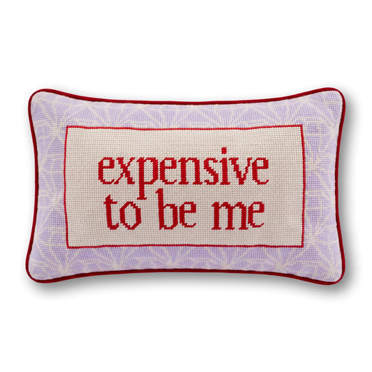 Needlepoint decorative pillow with red border and “expensive to be me” text