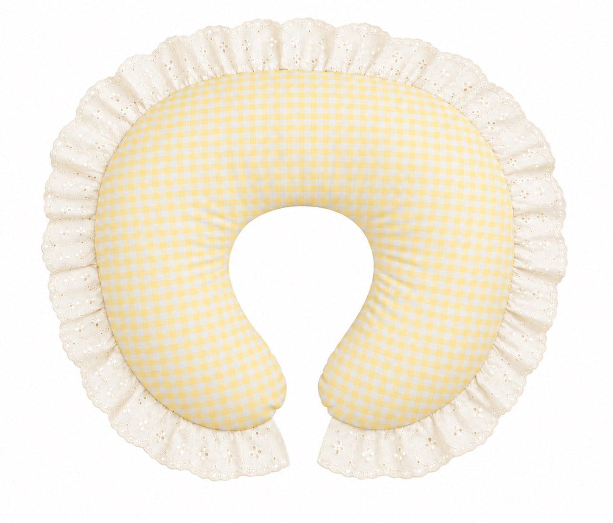 Nursing pillow cover with yellow gingham and ivory eyelet lace ruffle