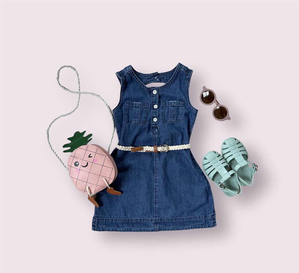 Kids' denim-blue sleeveless dress with blue jelly sandals and mint strap sandals