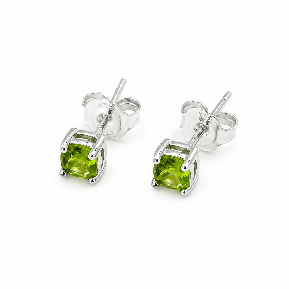 Peridot stud earrings with square green gemstones in silver-tone prong settings