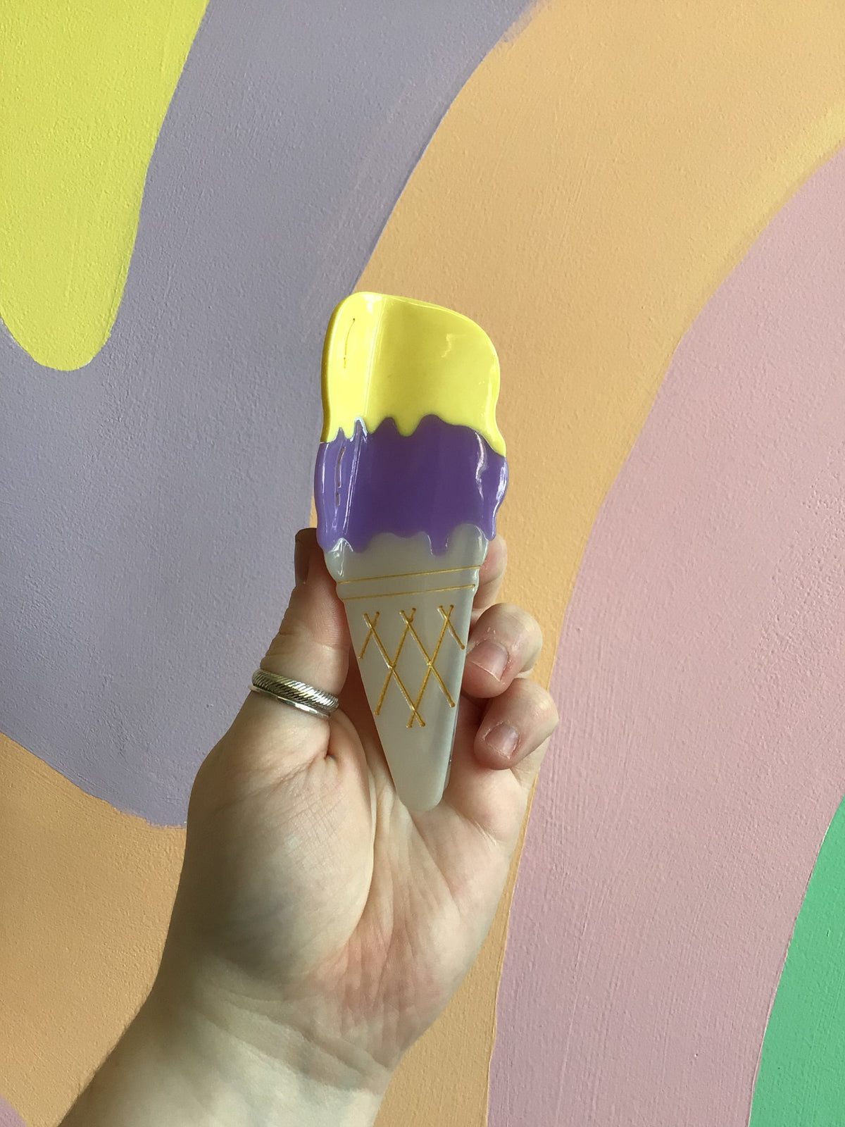 Yellow and purple ice cream hair claw with gold lattice cone