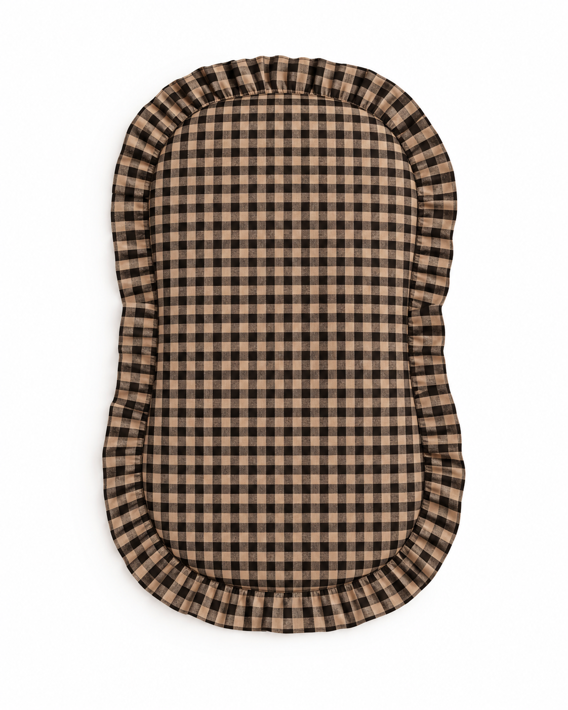 Baby lounger cover with brown and black gingham fabric and a gathered ruffle edge
