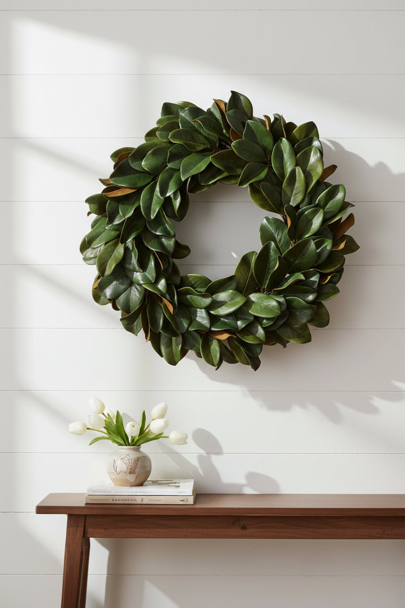 Magnolia leaf wreath with dark green leaves, round 34-inch decorative wall decor