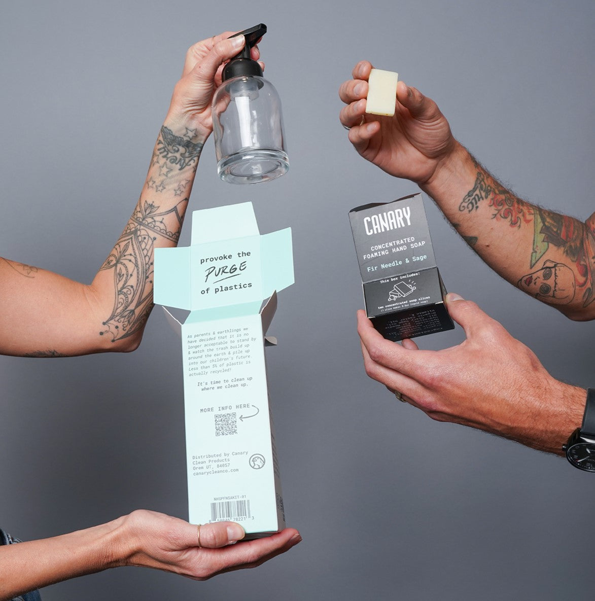 Canary starter kit components: glass pump bottle, soap slice and concentrated soap packaging