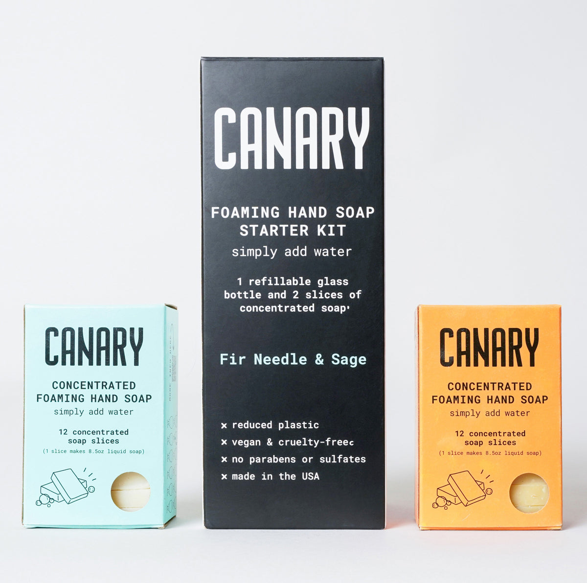 CANARY foaming hand soap starter kit with mint and orange soap refill boxes