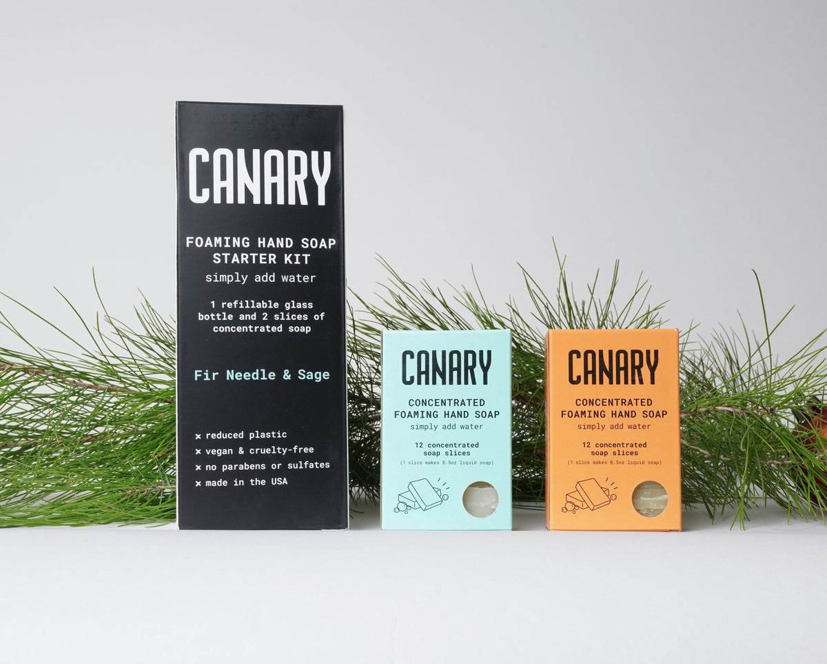 CANARY starter kit with mint and orange concentrated soap refills