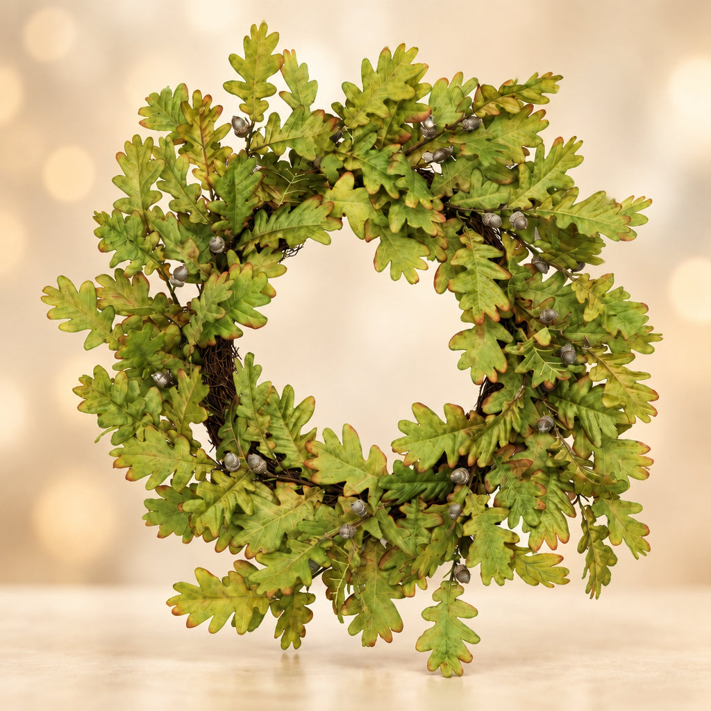 25-inch oak leaf wreath with green leaves and small brown acorns