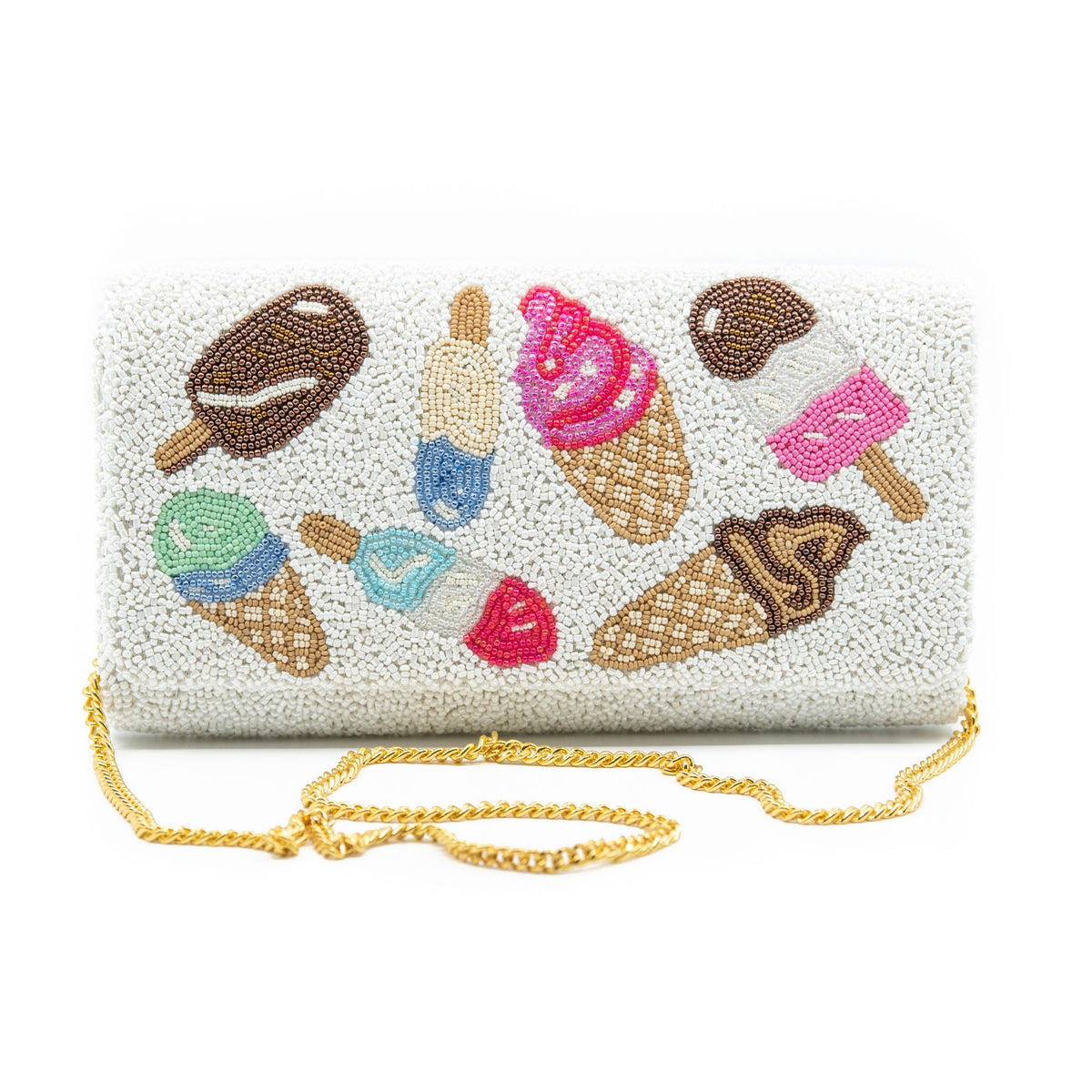 Ice cream beaded clutch bag with colorful cone and scoop pattern, gold chain strap