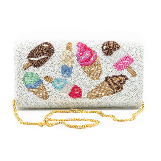 Ice cream beaded clutch bag with colorful cone and scoop pattern, gold chain strap