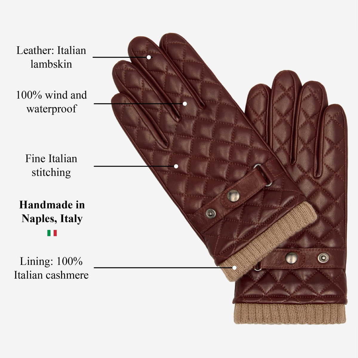 Brown quilted leather glove with knit cashmere cuff and metal button strap (illustration)