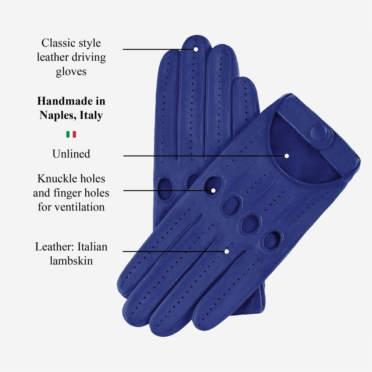 Pair of blue driving gloves showing finger holes and knuckle cutouts
