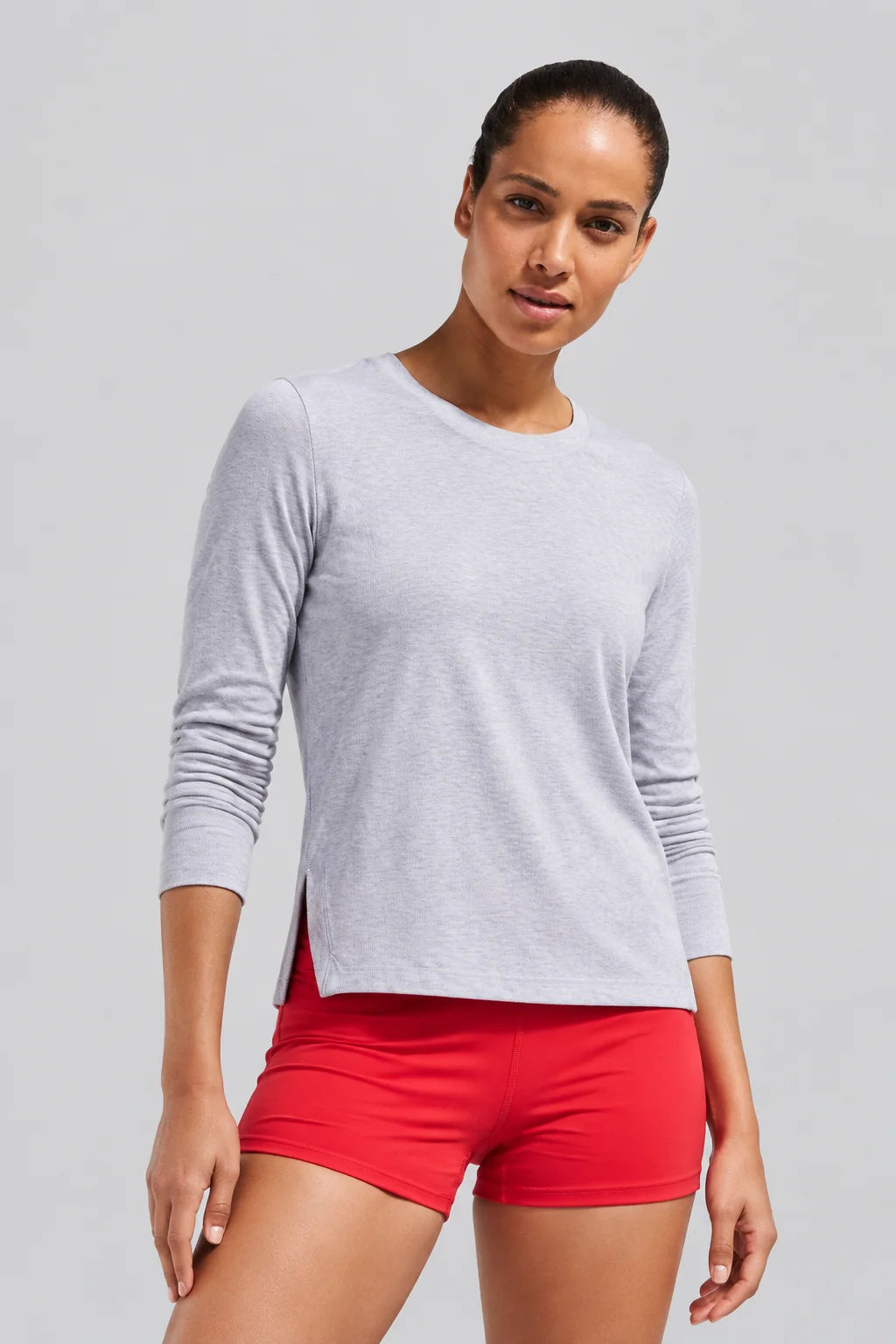 Heather gray long-sleeve crew top with round neck
