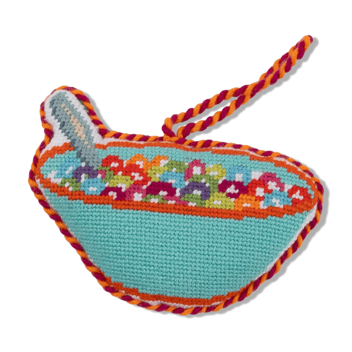 Needlepoint icon ornament shaped like a cereal bowl, turquoise with multicolor stitched border
