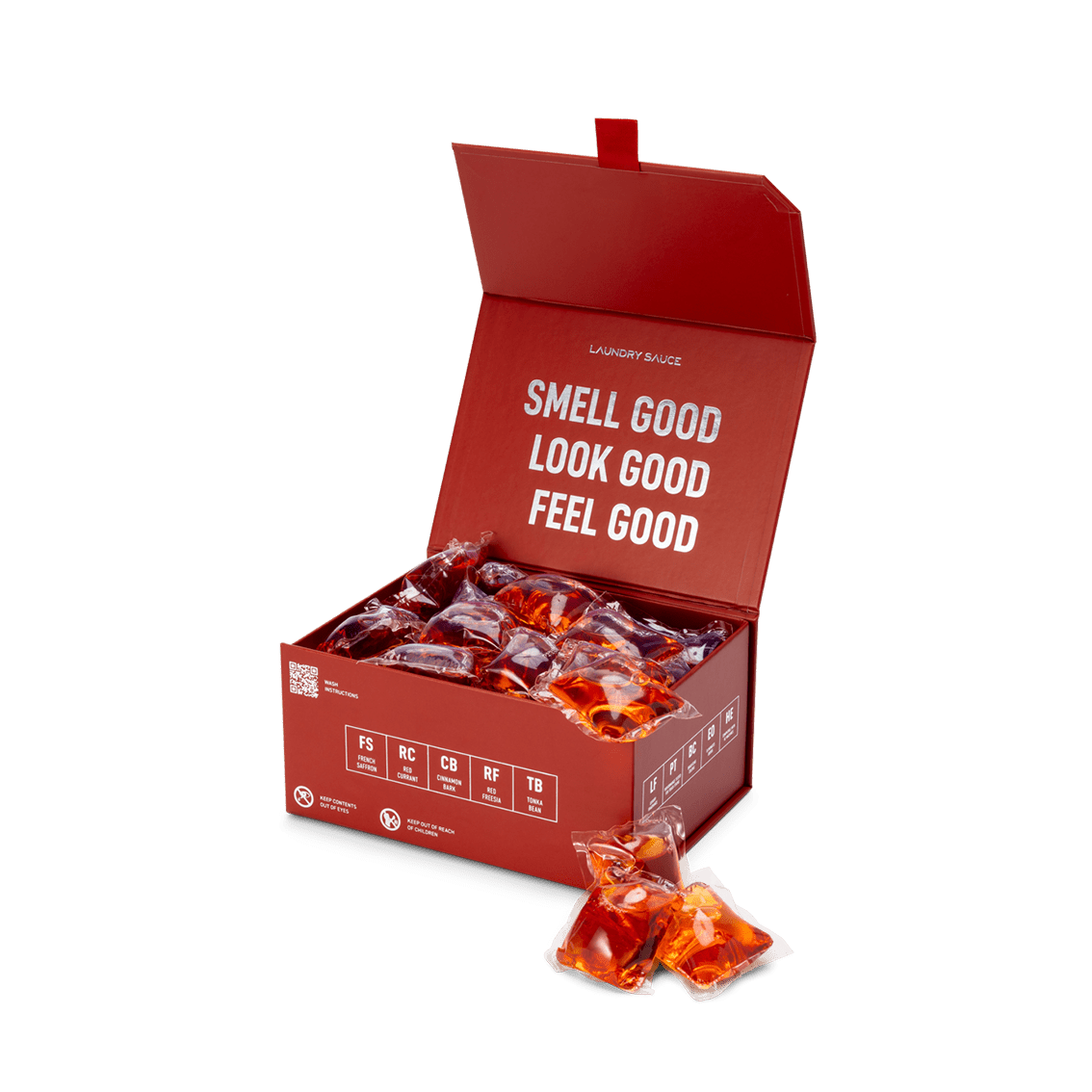 Red open box of laundry detergent pods with wrapped amber-colored pod pieces
