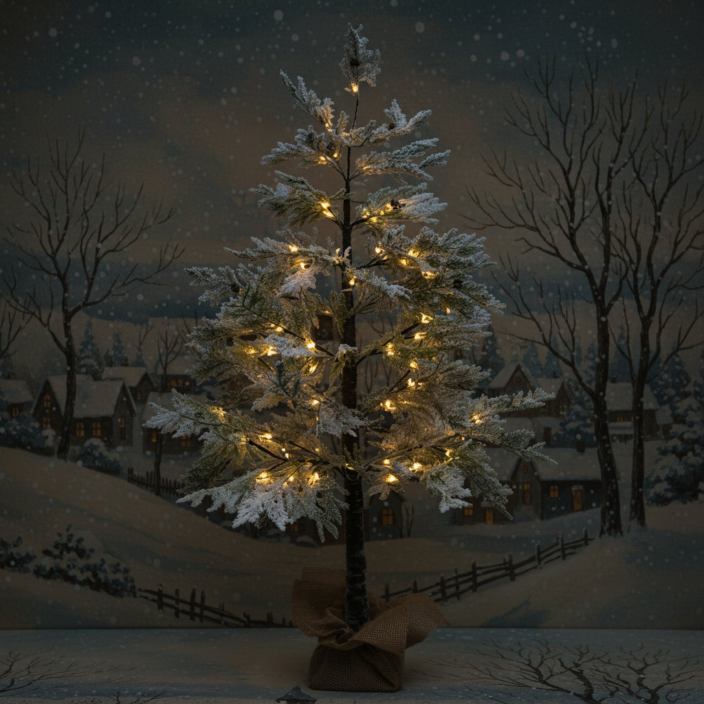 Lighted flocked cedar tree with warm white lights and burlap bow base