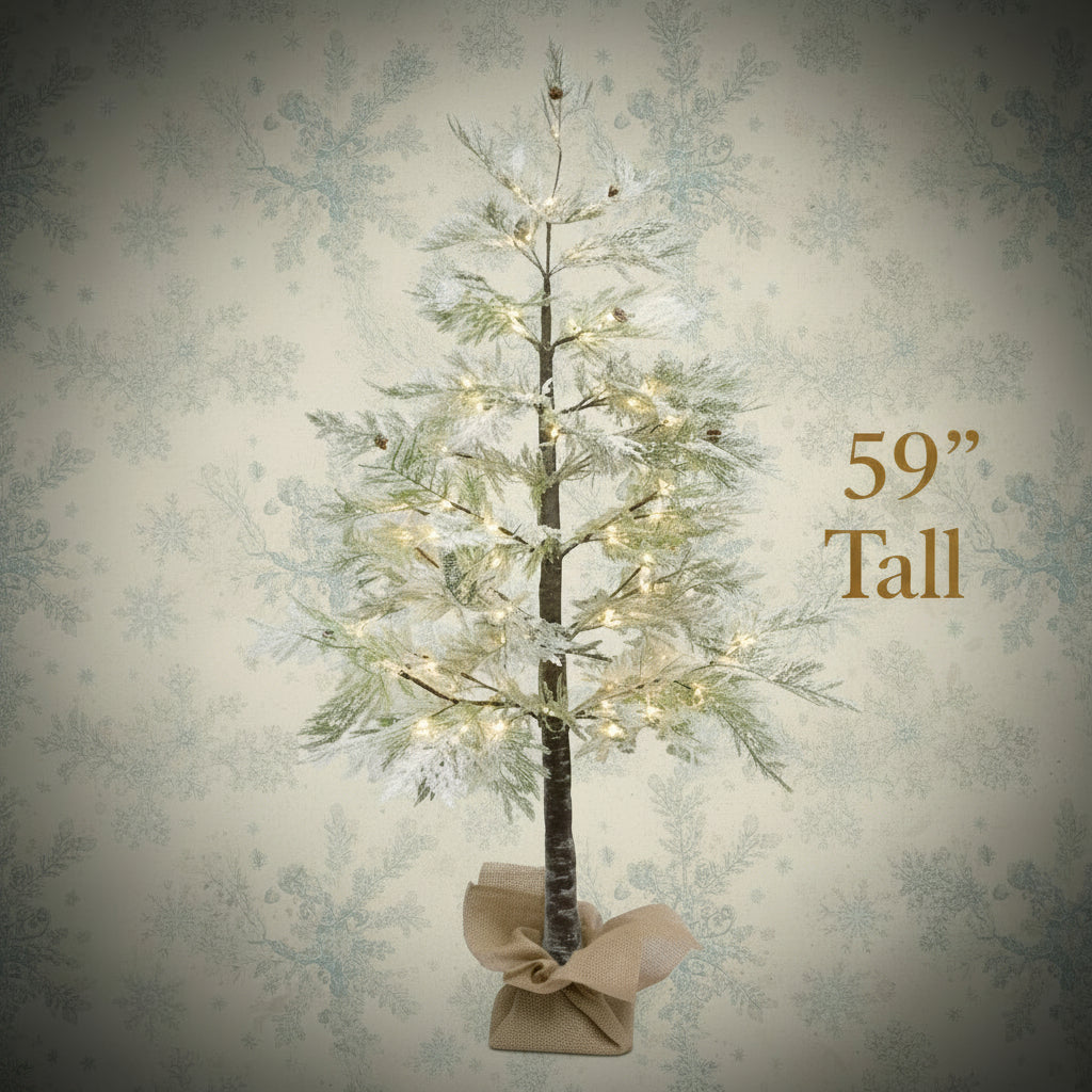 Lighted flocked cedar tree, 59-inch tall, warm white LED lights on branches