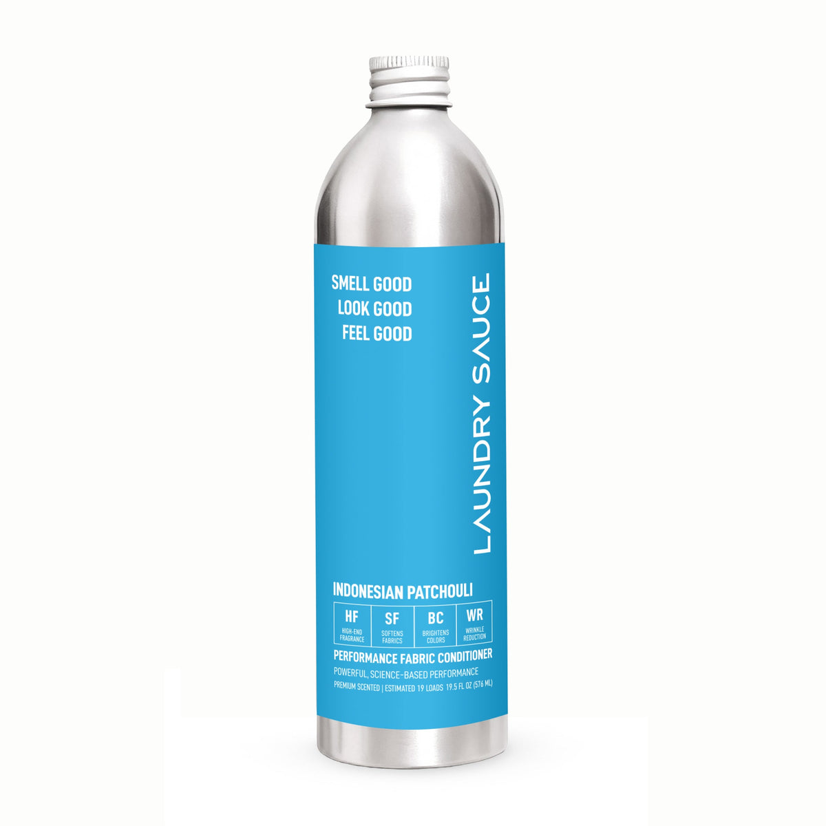 Laundry fabric softener bottle with blue label, Indonesian Patchouli scent, silver cap