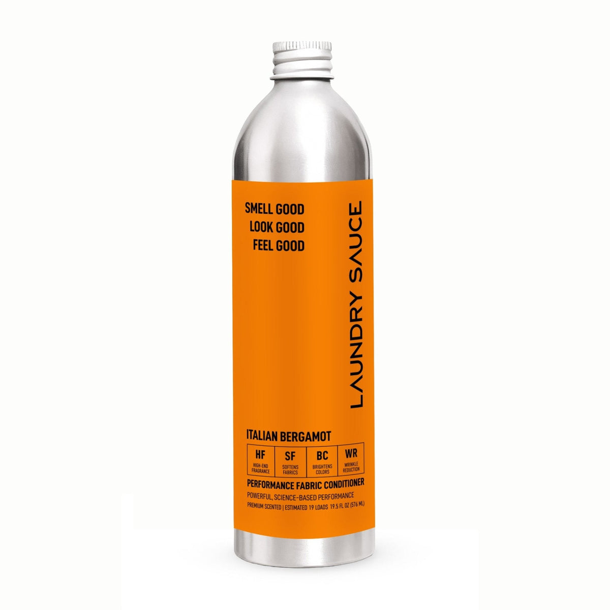 Laundry fabric softener bottle with orange label, Italian Bergamot scent, silver cap